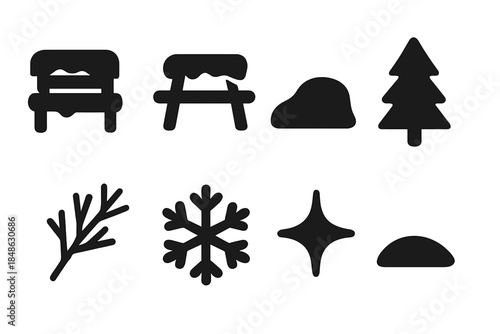 Snowy Icon Set. Snowy outdoor area. Filled icon set of snowy outdoor area: bench, table, snow drift, pine