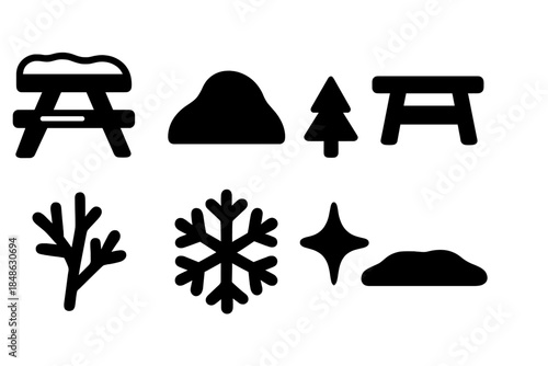 Winter Picnic Icons. Snow-covered picnic table. Filled icon set of snow-covered picnic table: picnic table,