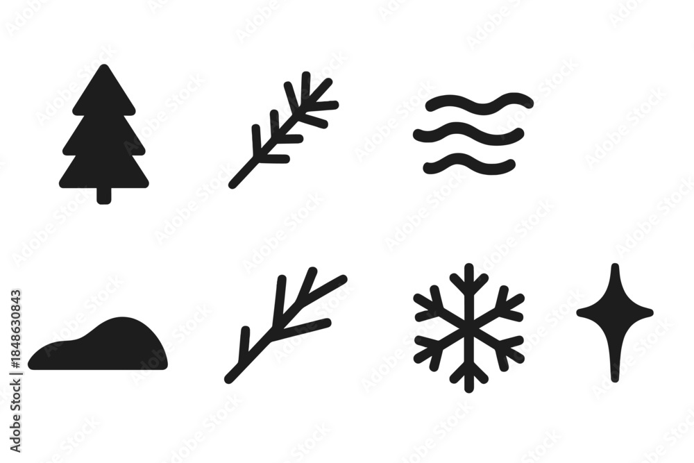 Fototapeta premium Chilly Forest Icon Set. Chilly forest mist. Filled icon set of chilly forest mist: pine tree, frost sprig, fog