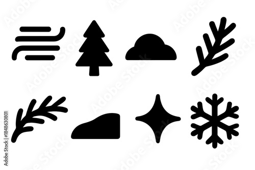 Forest Mist Icons. Forest mist icons. Filled icon set of forest mist icons: mist lines, pine tree, snow mound,
