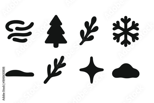 Winter Fog Icons. Soft winter fog. Filled icon set of soft winter fog: mist swirl, pine shape, frost sprig,