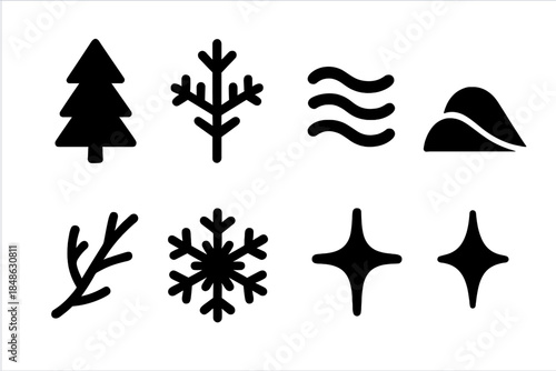 Chilly Forest Icon Set. Chilly forest mist. Filled icon set of chilly forest mist: pine tree, frost sprig, fog