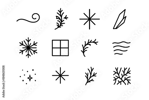 Frost Icon Collection. Delicate frost lines. Line outline icon set of Delicate frost lines: thin frost swirl,