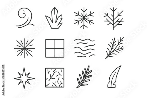 Frozen Glass Icon Set. Frozen glass details. Line outline icon set of Frozen glass details: frost swirl, ice