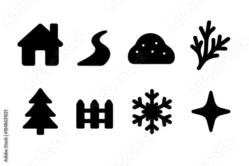 Winter Rural Icons. Rural winter landscape. Filled icon set of rural winter landscape: house silhouette, road
