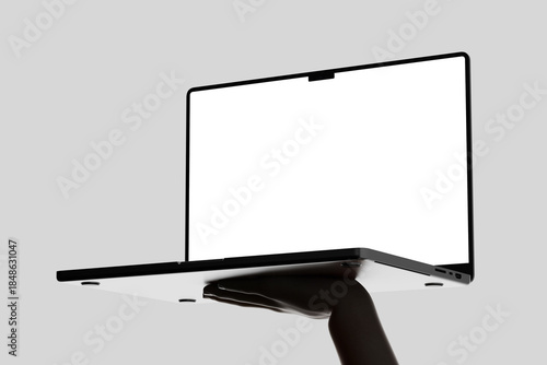 Fotografía hand holding gesture show modern laptop device screen mockup in elegant backlit