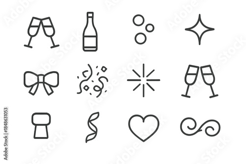 Elegant Toast Icons. Elegant toast icons. Line outline icon set of Elegant toast icons: champagne glass, wine