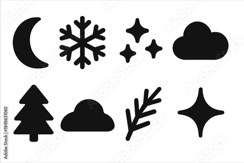 Winter Night Icon Set. Winter night sky with snow. Filled icon set of winter night sky with snow: moon