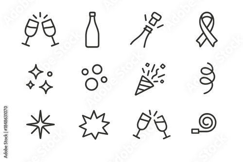 Celebratory Icon Set. Celebratory toast symbols. Line outline icon set of Celebratory toast symbols: champagne