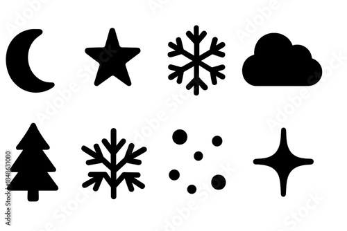 Nocturnal Winter Icons. Nocturnal winter scene. Filled icon set of nocturnal winter scene: moon silhouette,