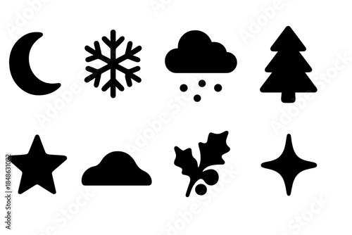 Night Snowfall Icons. Night snowfall icons. Filled icon set of night snowfall icons: moon, snowflake, cloud,