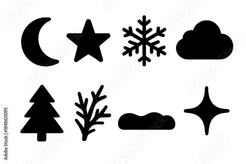 Nocturnal Winter Icons. Nocturnal winter scene. Filled icon set of nocturnal winter scene: moon silhouette,
