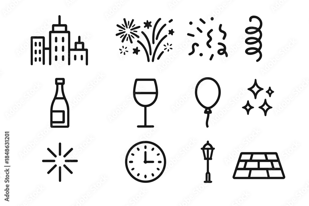 Fototapeta premium Urban New Year Icons. Urban NYE aesthetic. Line outline icon set of Urban NYE aesthetic: skyline, fireworks,
