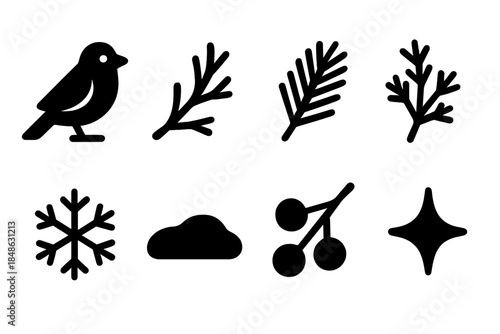 Frosty Birds Icons. Cold branch birds. Filled icon set of cold branch birds: bird icon, frosty branch, pine