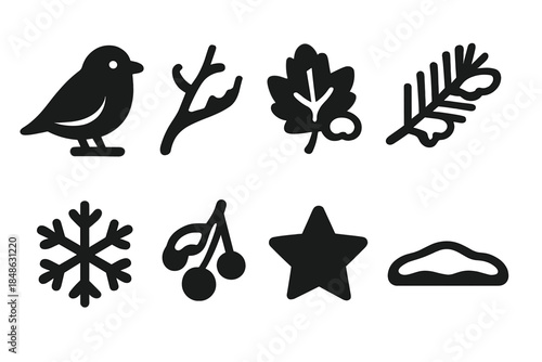 Winter Bird Icons. Snow-perched birds. Filled icon set of snow-perched birds: perched bird, snowy twig, frost