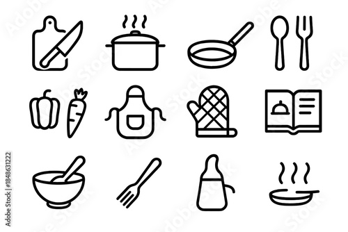 Family Cooking Icons. Family cooking dinner together. Line outline icon set of Family cooking dinner together: