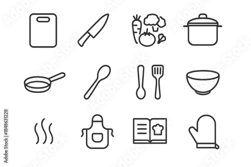 Family Meal Prep Icons. Family meal prep. Line outline icon set of Family meal prep: cutting board, knife,