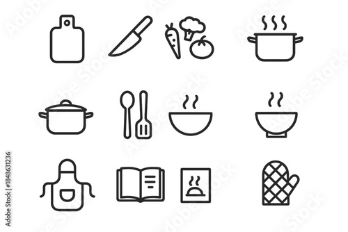 Family Meal Prep Icons. Family meal prep. Line outline icon set of Family meal prep: cutting board, knife,