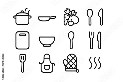 Family Cooking Icons. Cooking family scene. Line outline icon set of Cooking family scene: pot, pan,