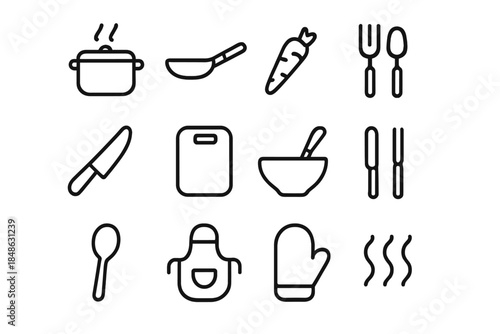 Family Cooking Icons. Cooking family scene. Line outline icon set of Cooking family scene: pot, pan,