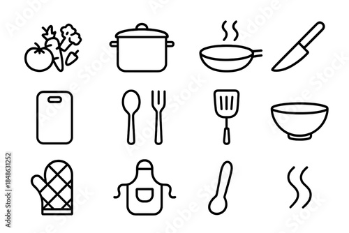 Cooking Icon Set. Cooking together icons. Line outline icon set of Cooking together icons: vegetables, pot,