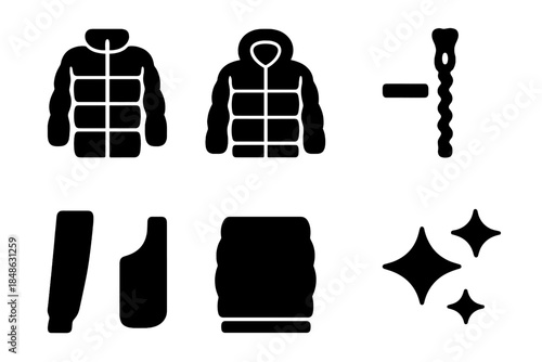 Metallic Puffer Icons. Metallic puffer coats. Filled icon set of metallic puffer coats: puffer coat, hood,