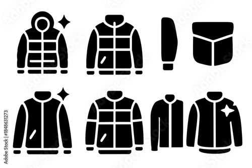 Urban Metallic Jacket Icons. Urban metallic jackets. Filled icon set of urban metallic jackets: hooded jacket,