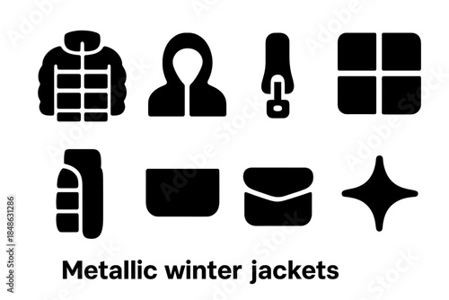 Metallic Jacket Icons. Metallic winter jackets. Filled icon set of metallic winter jackets: puffer jacket,
