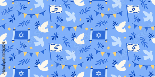 Modern Hanukkah vector seamless pattern. Jewish holidays wrapping paper design with Torah, dove, Israeli flag, olives, garland