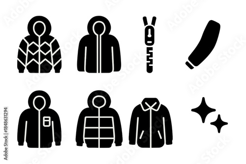 Metallic Coat Icons. Cozy metallic coats. Filled icon set of cozy metallic coats: quilted jacket, hood, zipper