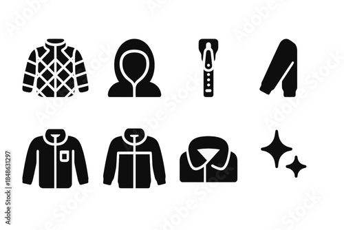 Metallic Coat Icons. Cozy metallic coats. Filled icon set of cozy metallic coats: quilted jacket, hood, zipper