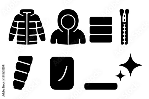 Metallic Coat Icons. Metallic puffer coats. Filled icon set of metallic puffer coats: puffer coat, hood, panel