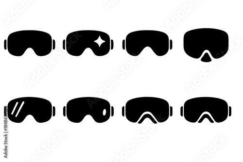 Snow Tech Eyewear Icons. Snow tech eyewear. Filled icon set of snow tech eyewear: visor goggles, lens shine,