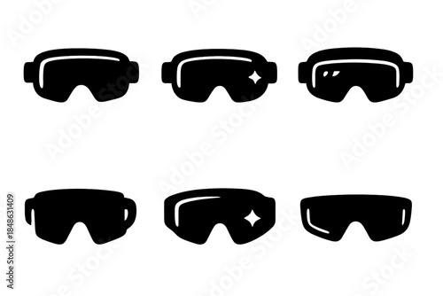 Tech Sports Eyewear Icons. Tech sports eyewear. Filled icon set of tech sports eyewear: ski visor, strap arc,