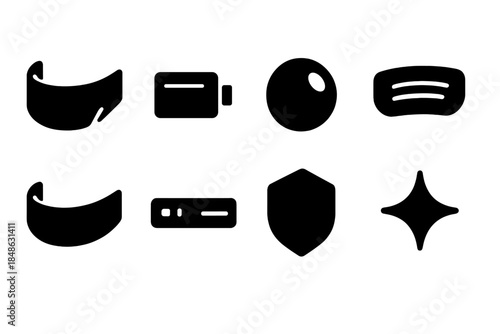 Futuristic Lens Gear Icons. Futuristic lens gear. Filled icon set of futuristic lens gear: curved visor, strap
