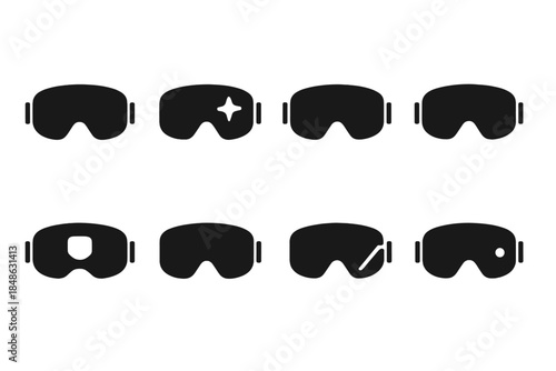 Snow Tech Eyewear Icons. Snow tech eyewear. Filled icon set of snow tech eyewear: visor goggles, lens shine,
