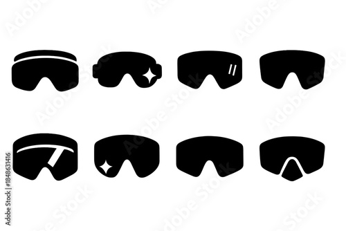 Tech Sports Eyewear Icons. Tech sports eyewear. Filled icon set of tech sports eyewear: ski visor, strap arc,