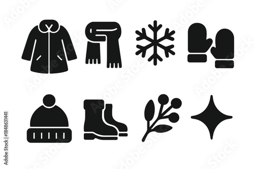 Pastel Winter Icons. Pastel winter outfits in snow. Filled icon set of pastel winter outfits in snow: pastel