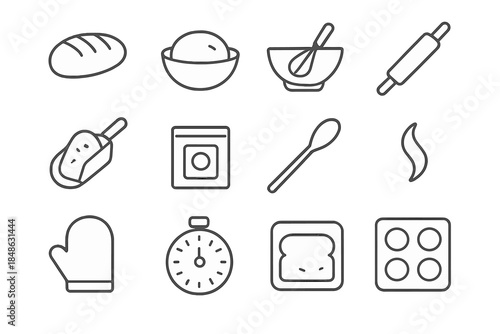 Comfort Baking Icons. Comfort baking elements. Line outline icon set of Comfort baking elements: loaf, dough,