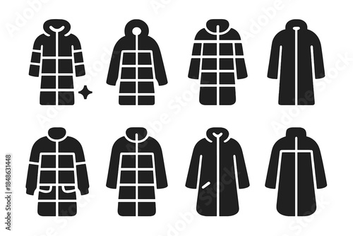 Neutral Padded Coat Icons. Long padded coats in neutral tones. Filled icon set of long padded coats in neutral