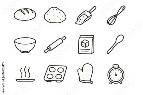 Rustic Baking Icons. Rustic baking aesthetic. Line outline icon set of Rustic baking aesthetic: loaf, dough,