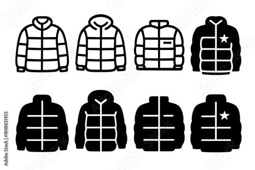 Neutral Puffer Icons. Neutral fashion puffers. Filled icon set of neutral fashion puffers: puffer outline,