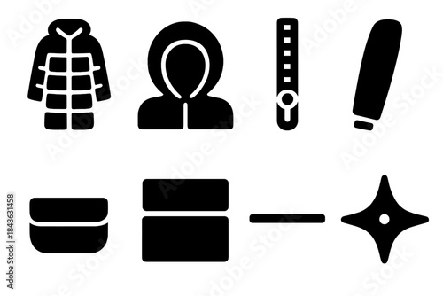 Padded Outerwear Icons. Padded long outerwear. Filled icon set of padded long outerwear: quilted coat, hood
