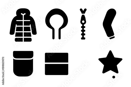 Padded Outerwear Icons. Padded long outerwear. Filled icon set of padded long outerwear: quilted coat, hood