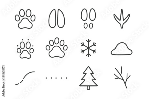 Snowy Trail Icons. Snowy trail clues. Line outline icon set of Snowy trail clues: paw print, deer hoof, rabbit