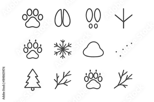 Snowy Trail Icons. Snowy trail clues. Line outline icon set of Snowy trail clues: paw print, deer hoof, rabbit