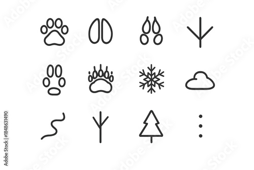 Snow Tracks Icons. Snow path discoveries. Line outline icon set of Snow path discoveries: animal paw, hoof