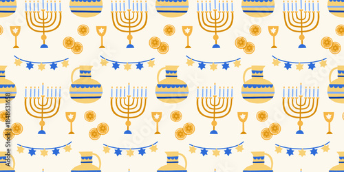 Modern Hanukkah vector seamless pattern. Jewish holidays wrapping paper design with menorah, oil jug, coins, vine, garland