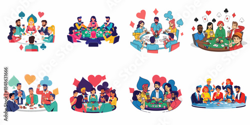 Set of eight flat vector illustrations depicting diverse groups of men and women enjoying a game of poker or card games around casino tables.