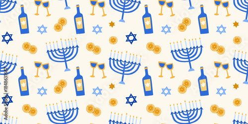 Modern Hanukkah vector seamless pattern. Jewish holidays wrapping paper design with menorah, star of David, coins, vine